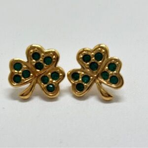Avon, Vintage Gold And Green Crystal Shamrock Earrings, Studs